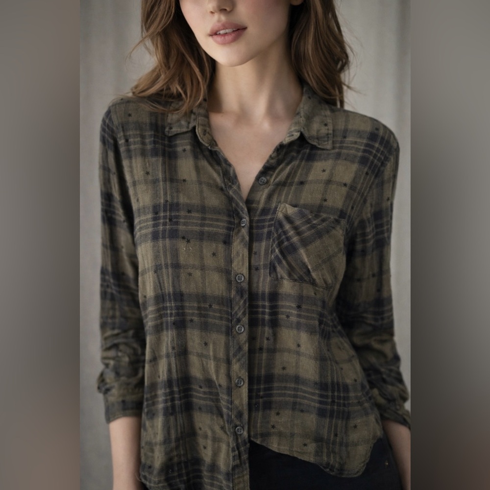 Rails Hunter Shirt Olive Shadow With Flocked Stars Button Up Shirt Top Womens XS